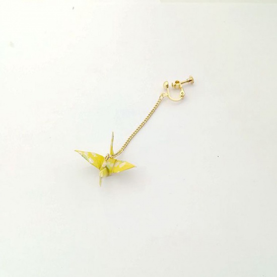 Picture of Brass Ear Clips Earrings Gold Plated Yellow Origami Crane 65mm, 1 Piece                                                                                                                                                                                       