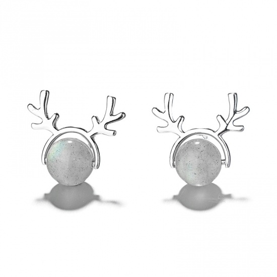 Picture of Brass & Moonstone Christmas Ear Post Stud Earrings Platinum Color Gray Antler 13mm x 10mm, 1 Pair                                                                                                                                                             