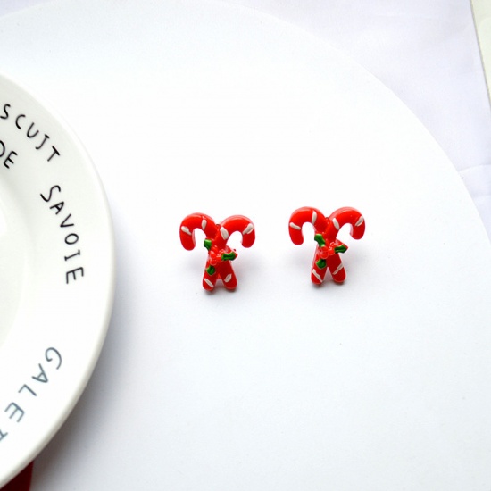 Picture of Ear Post Stud Earrings Red Christmas Candy Cane 55mm x 30mm, 1 Pair