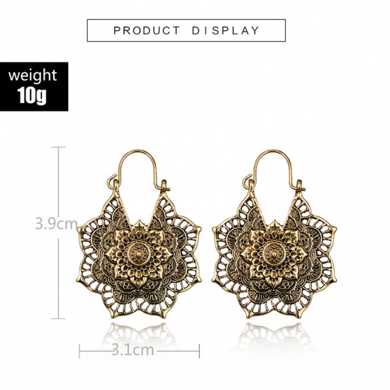 Picture of Hoop Earrings Gold Tone Antique Gold Filigree 40mm x 28mm, 1 Pair