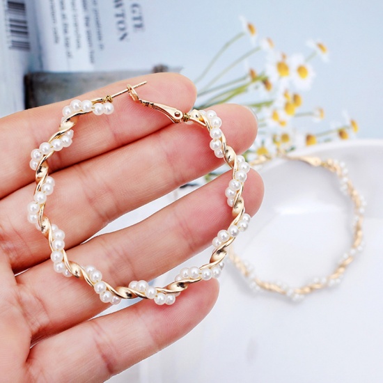 Picture of Stainless Steel Hoop Earrings Gold Plated White Imitation Pearl Circle Ring 55mm x 55mm, 1 Pair