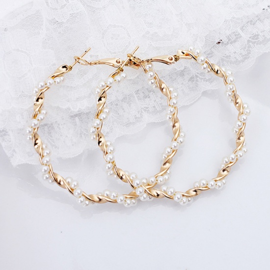 Picture of Stainless Steel Hoop Earrings Gold Plated White Imitation Pearl Circle Ring 55mm x 55mm, 1 Pair