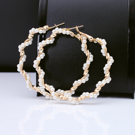Immagine di Acciaio Inossidabile orecchino cerchio Oro Placcato Bianco Imitata Perla Anello 55mm x 55mm, 1 Paio
