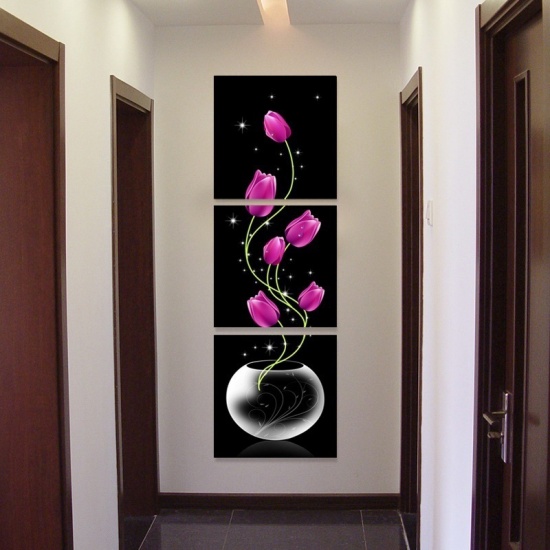 不織布 壁飾り絵画 正方形 フクシア色+黒 花 40cm x 40cm, 1 セット （ 3 個/セット) の画像