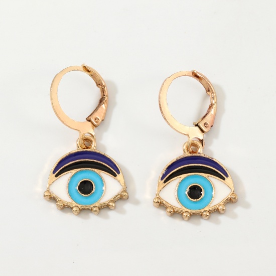 Picture of Hoop Earrings Gold Plated Blue & Black Evil Eye 31mm x 15mm, 1 Pair