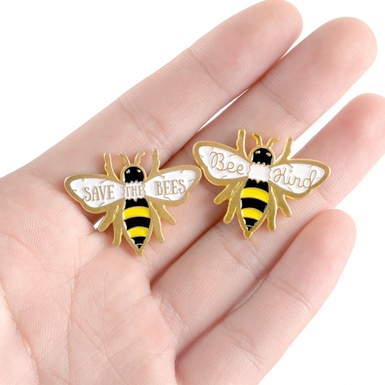 Picture of Pin Brooches Bee Animal Gold Plated Black & Yellow Enamel 30mm x 25mm, 1 Piece