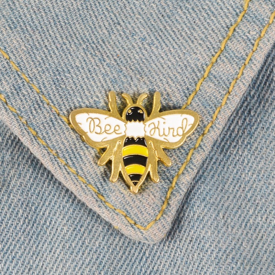 Bild von Brosche Biene Tier Vergoldet Schwarz & Gelb Emaille 28mm x 20mm, 1 Stück