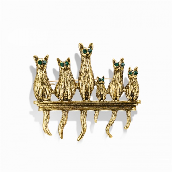 Picture of Pin Brooches Cat Animal Gold Tone Antique Gold Green Rhinestone 45mm x 40mm, 1 Piece