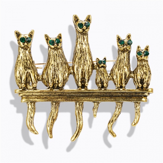 Picture of Pin Brooches Cat Animal Gold Tone Antique Gold Green Rhinestone 45mm x 40mm, 1 Piece