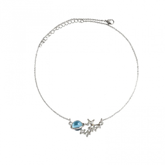 Picture of Necklace Silver Tone Blue Star Universe Planet Clear Rhinestone 30cm(11 6/8") long, 1 Piece