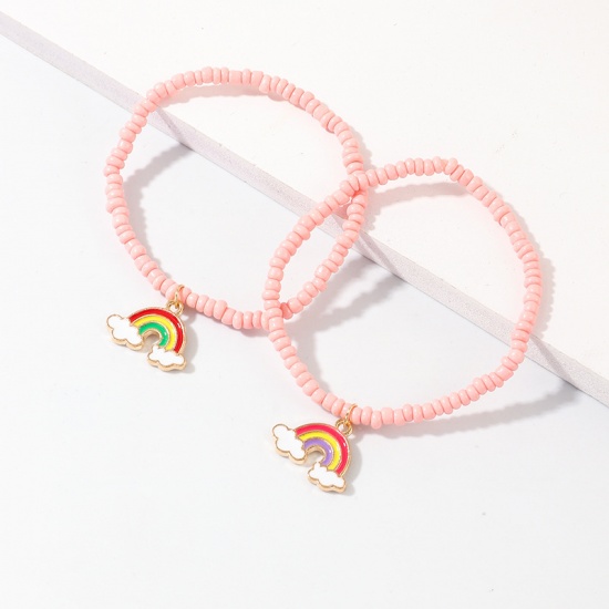 Picture of Seed Beads Dainty Bracelets Delicate Bracelets Beaded Bracelet Light Pink Rainbow 18cm(7 1/8") long, 1 Set ( 2 PCs/Set)