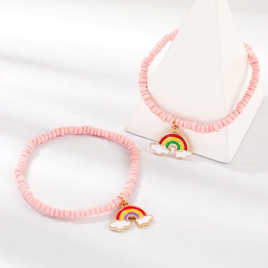 Picture of Seed Beads Dainty Bracelets Delicate Bracelets Beaded Bracelet Light Pink Rainbow 18cm(7 1/8") long, 1 Set ( 2 PCs/Set)