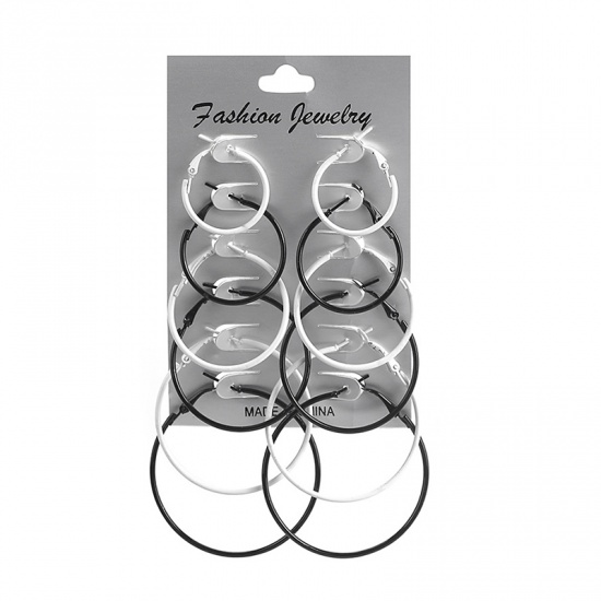 Picture of Hoop Earrings Black & White Circle Ring 5cm - 2.5cm Dia., 1 Set ( 6 Pairs/Set)