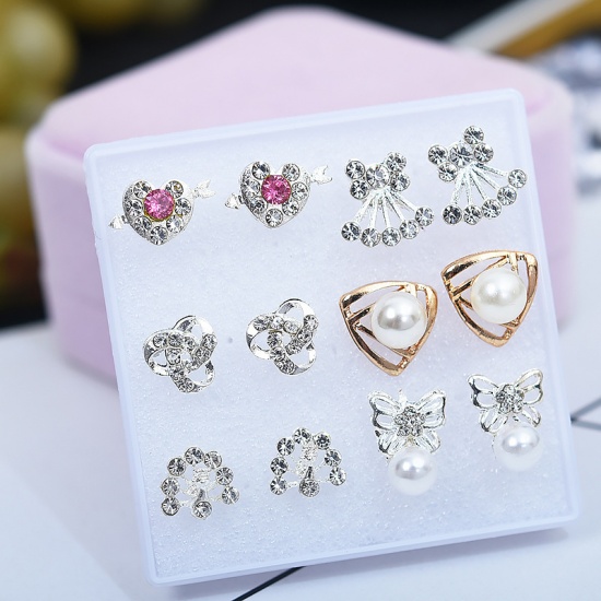 Picture of Ear Post Stud Earrings Set Mixed Color Heart Butterfly Clear & Light Pink Rhinestone Imitation Pearl 1 Set ( 6 Pairs/Set)