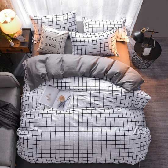 Picture of Cotton Bedding Sets Black & White Grid Checker Pattern 240cm x 220cm, 1 Set ( 4 PCs/Set)