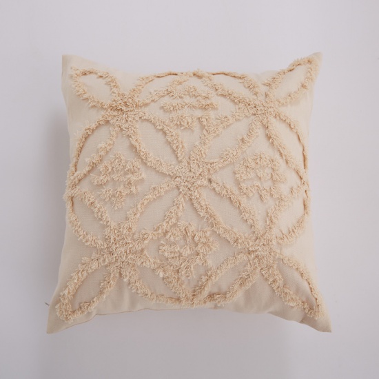 Picture of Blend Fabric Pillow Cases Light Beige Square Lace Pattern 45cm x 45cm, 1 Piece