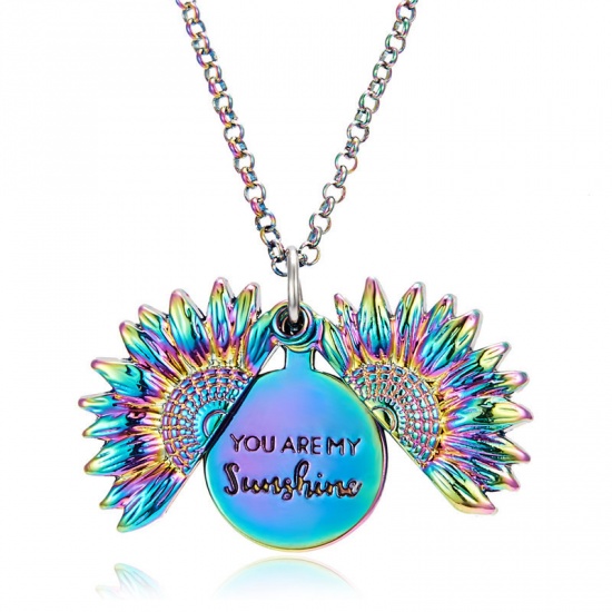 Picture of Necklace Multicolor Sunflower Hidden Message " You Are My Sunshine My Only Sunshine " Can Open 52cm(20 4/8") long, 1 Piece