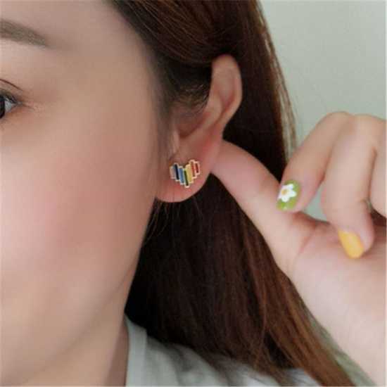 Picture of Ear Post Stud Earrings Gold Plated Multicolor Heart Enamel 11mm x 10mm, 1 Pair