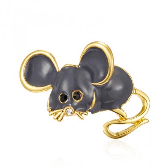 Picture of Pin Brooches Mouse Animal Gold Plated Gray Clear Rhinestone 45mm x 32mm, 1 Piece