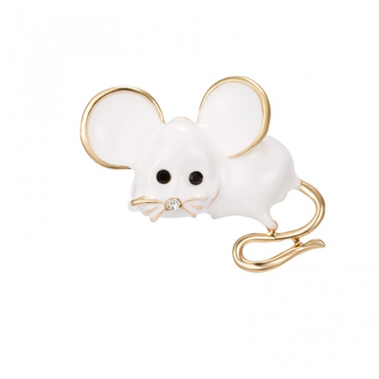 Picture of Pin Brooches Mouse Animal Gold Plated White Clear Rhinestone 45mm x 32mm, 1 Piece