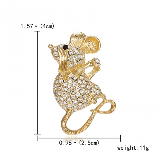 Picture of Pin Brooches Mouse Animal Gold Plated Clear Rhinestone 40mm x 25mm, 1 Piece