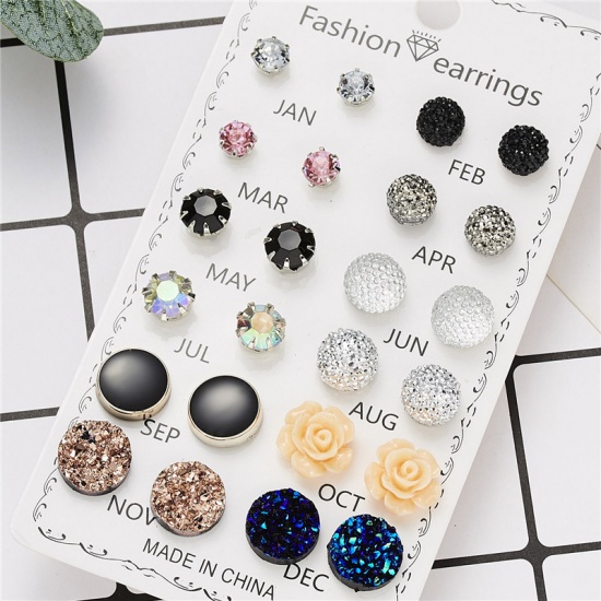 Picture of Ear Post Stud Earrings Set Mixed Color Round Flower Multicolor Rhinestone 12mm - 7mm Dia., 1 Set ( 12 Pairs/Set)