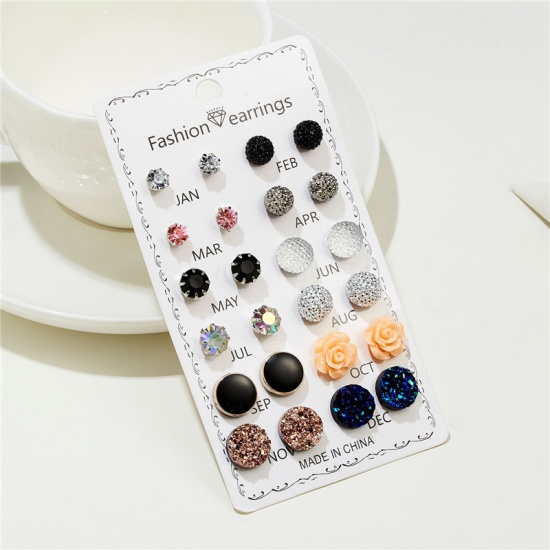 Picture of Ear Post Stud Earrings Set Mixed Color Round Flower Multicolor Rhinestone 12mm - 7mm Dia., 1 Set ( 12 Pairs/Set)
