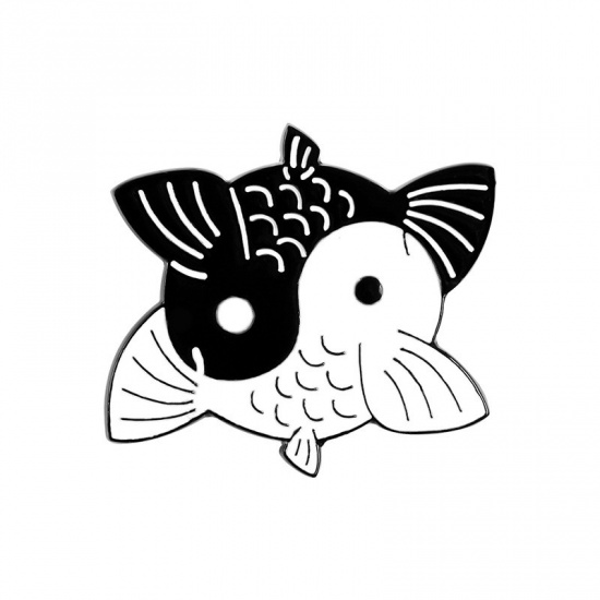 Изображение Основы для Брошей Рыба Черный & Белый 25мм x 23мм, 1 ШТ
