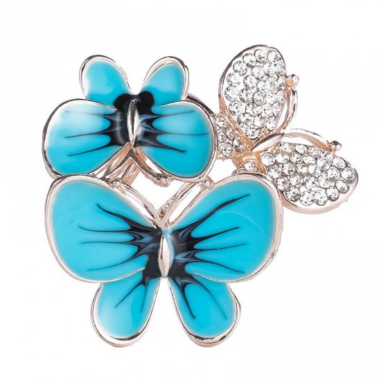 Picture of Scarf Clip Buckle Butterfly Animal Blue Clear Rhinestone 35mm x 34mm, 1 Piece