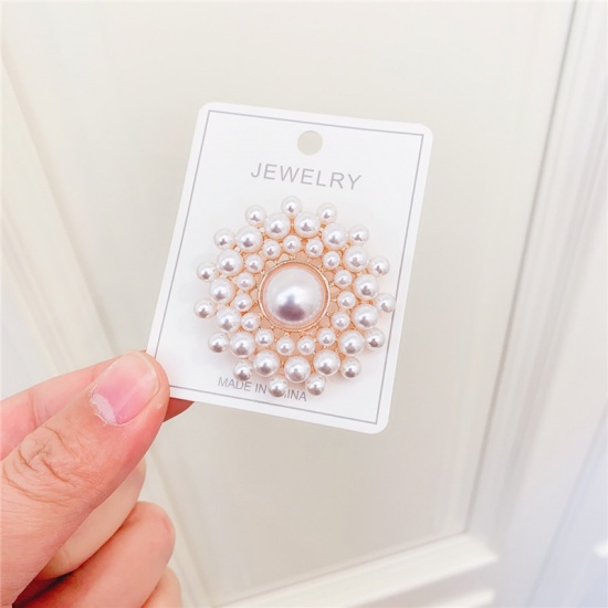 Picture of Pin Brooches Round Gold Plated White Imitation Pearl 40mm x 40mm, 1 Piece
