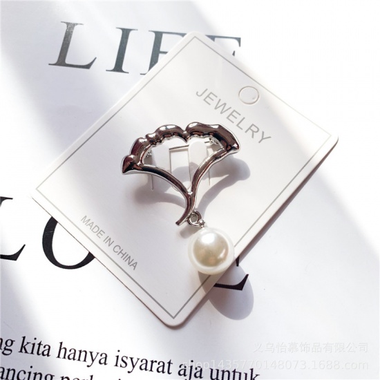 Picture of Pin Brooches Gingko Leaf Silver Tone White Imitation Pearl 45mm x 33mm, 1 Piece