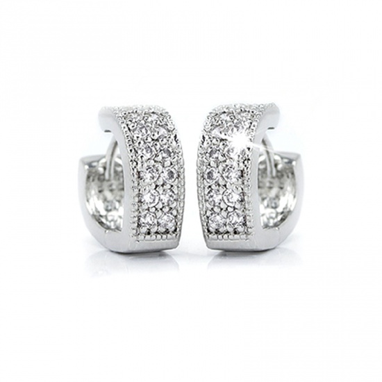 Picture of Brass & Sterling Silver Hoop Earrings Platinum Plated Heart Clear Rhinestone 14mm x 6mm, 1 Pair                                                                                                                                                               