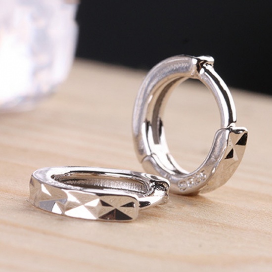 Picture of Brass & Sterling Silver Hoop Earrings Platinum Plated Circle Ring 10mm Dia., 1 Pair                                                                                                                                                                           