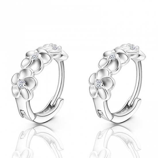 Picture of Brass & Sterling Silver Hoop Earrings Platinum Plated Flower Clear Rhinestone 13mm Dia., 1 Pair                                                                                                                                                               