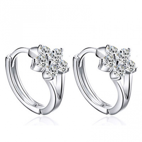 Picture of Brass & Sterling Silver Hoop Earrings Platinum Plated Christmas Snowflake Clear Rhinestone 14mm Dia., 1 Pair                                                                                                                                                  