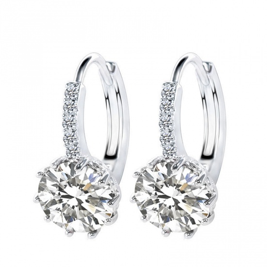 Picture of Brass & Sterling Silver Hoop Earrings Platinum Plated Circle Ring Clear Cubic Zirconia 18mm x 9mm, 1 Pair                                                                                                                                                     