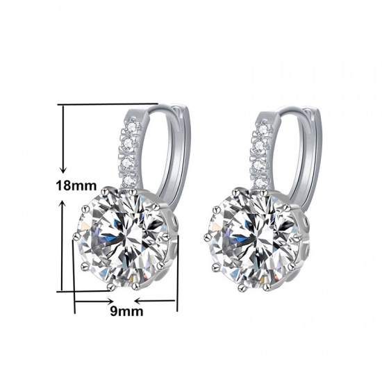 Picture of Brass & Sterling Silver Hoop Earrings Platinum Plated Circle Ring Clear Cubic Zirconia 18mm x 9mm, 1 Pair                                                                                                                                                     