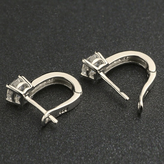Picture of Brass & Sterling Silver Hoop Earrings Platinum Plated Clear Rhinestone 13mm x 4mm, 1 Pair                                                                                                                                                                     