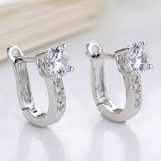 Picture of Brass & Sterling Silver Hoop Earrings Platinum Plated Clear Rhinestone 13mm x 4mm, 1 Pair                                                                                                                                                                     
