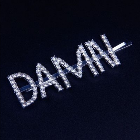 Picture of Hair Clips Silver Tone Message " DAMN " Clear Rhinestone 7cm, 1 Piece