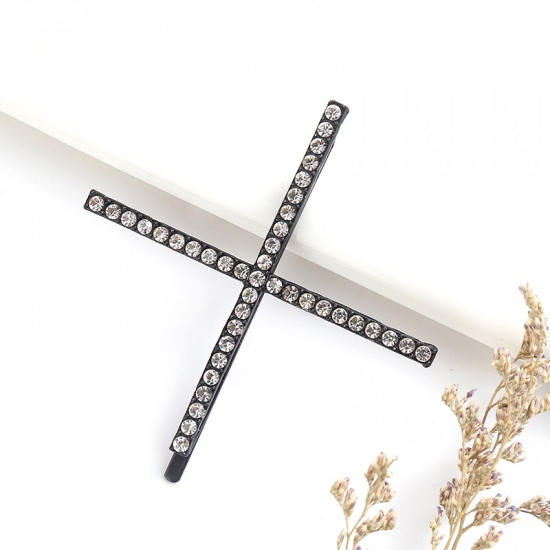 Picture of Hair Clips Black Cross Clear Rhinestone 9cm - 6.5cm, 1 Piece