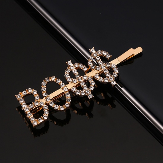 Picture of Hair Clips Gold Plated Money Sign Message " BOSS " Clear Rhinestone 6cm, 1 Piece