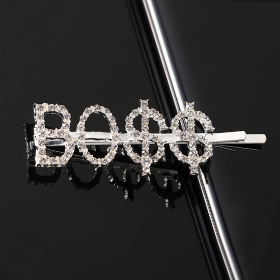 Picture of Hair Clips Silver Tone Money Sign Message " BOSS " Clear Rhinestone 6cm, 1 Piece