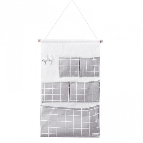 Picture of Canvas Wall Door Hanging Storage Bag Pocket White & Gray Rectangle Grid Checker 52cm x 32.5cm, 1 Piece