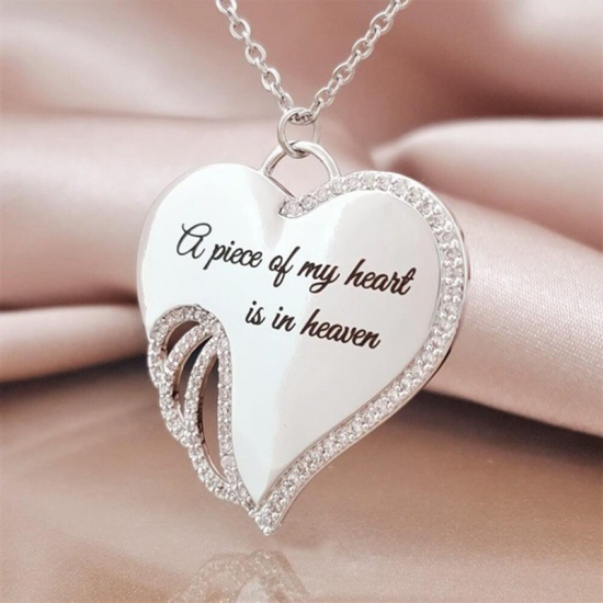 Picture of Necklace Silver Tone Black Heart Wing Clear Rhinestone 42cm(16 4/8") long, 1 Piece