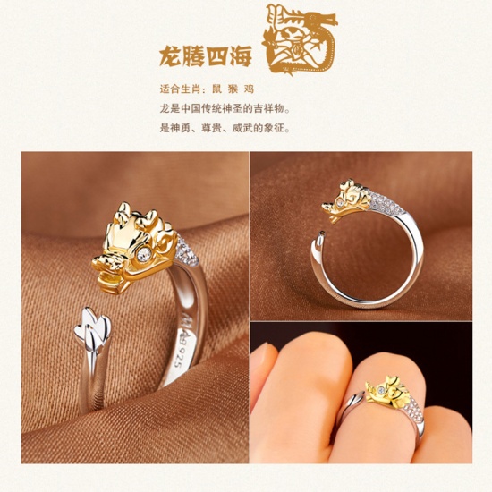 Picture of Brass Open Rings Gold Plated & Silver Tone Dragon Clear Rhinestone 1 Piece                                                                                                                                                                                    