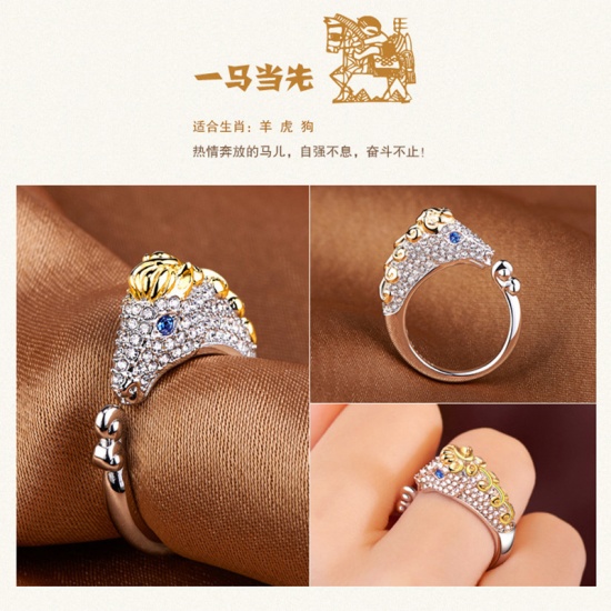 Picture of Brass Open Rings Gold Plated & Silver Tone Horse Animal Clear & Blue Rhinestone 1 Piece                                                                                                                                                                       