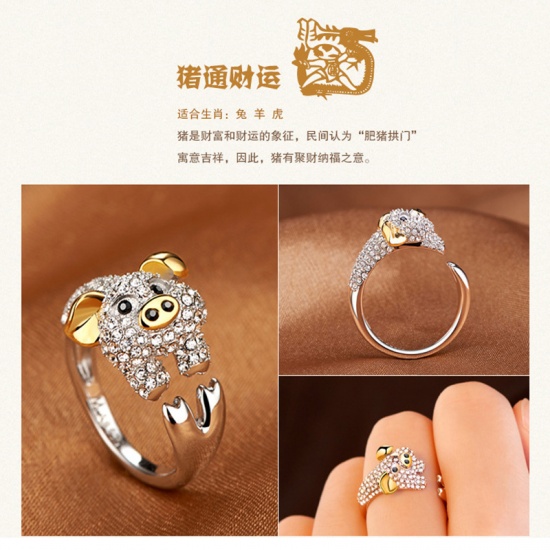 Picture of Copper Open Rings Gold Plated & Silver Tone Pig Animal Black & Clear Rhinestone 1 Piece