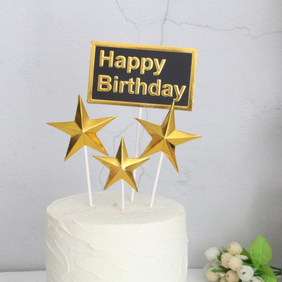 Picture of Paper Cupcake Picks Toppers Black & Gold Rectangle Pentagram Star Message " HAPPY BIRTHDAY " 1 Set ( 4 PCs/Set)