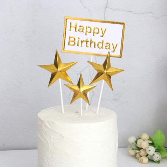 Imagen de Papel Cupcake Picks Toppers Blanco & Oro Rectángulo Estrellas de cinco puntos Mensaje " Feliz Cumpleaños " 1 Juego ( 4 Unidades/Juego)